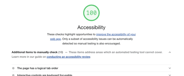 A screenshot showing a 100/100 accessibility audit lighthoues score