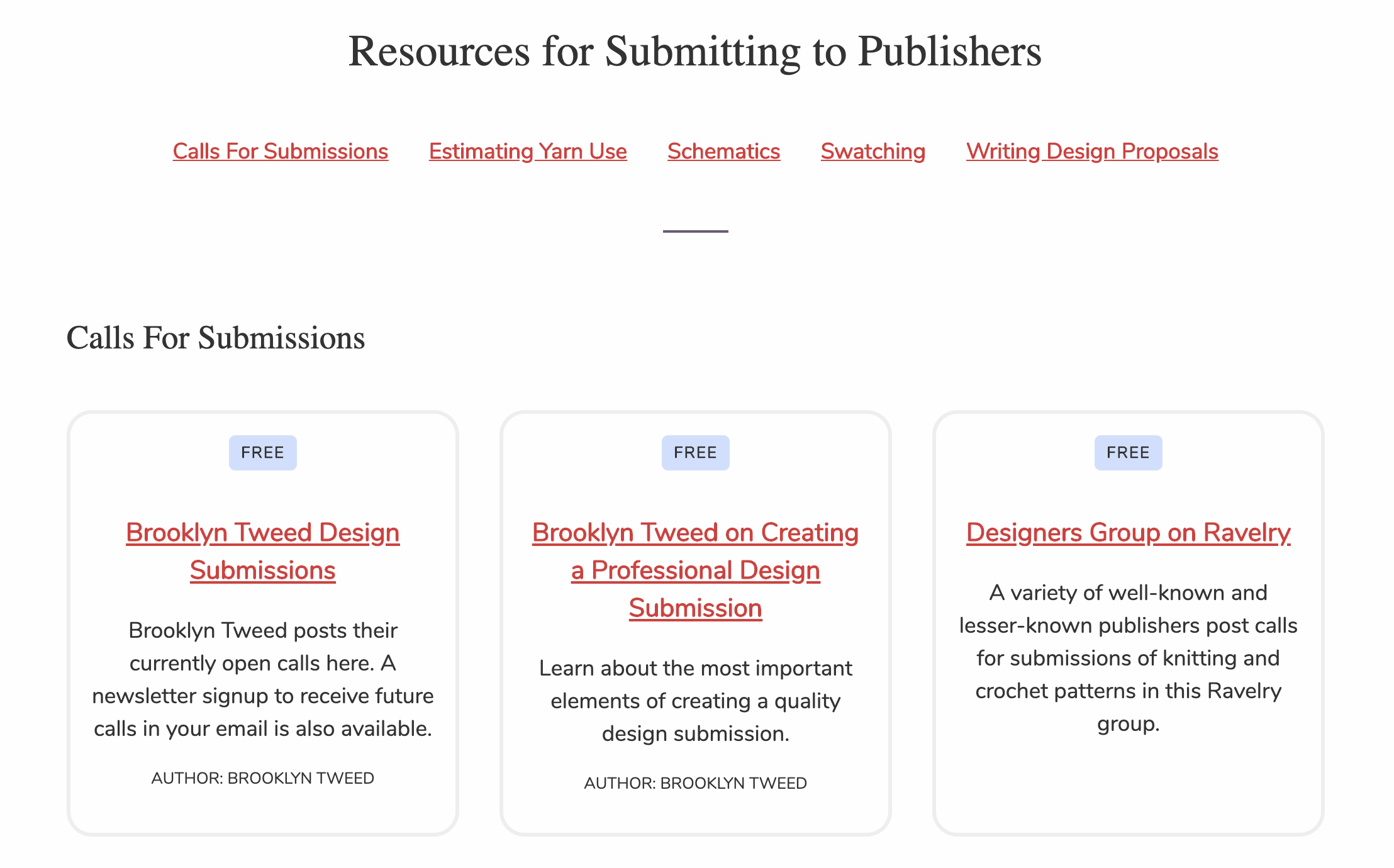 The Submitting to Publishers resources page with the following topics: Calls For Submissions, Estimating Yarn Use, Schematics, Swatching, Writing Design Proposals. There is a grid of resource cards below the topics list.